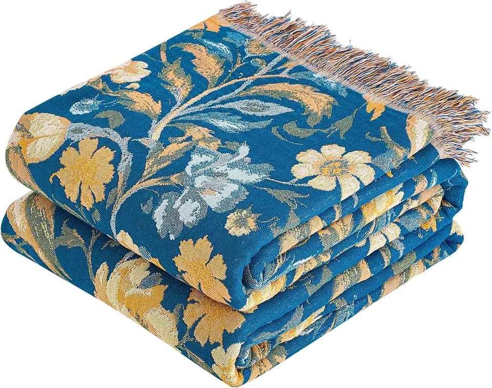 VANJOROY Boho Throw Blanket, 100% Organic Cotton Breathable Ultra Soft 80" x 90" Bed Quilt Throw - All Season Floral Rustic Farmhouse Decor Luxury Reversible Blanket for Sofa Couch Chair and Gift