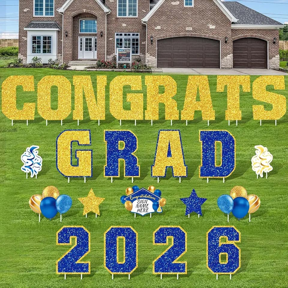 Chunful 23 Pcs 2026 Graduation Yard Sign Decorations, Blue and Gold Class of 2026 Congrats Graduation Lawn Signs Large Grad Yard Signs with 46 Stakes for Outdoor Lawn Party Decor Supplies