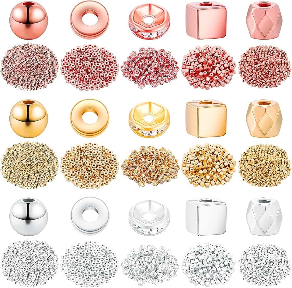 3630 Pieces Assorted Spacer Beads Faceted Rondelle Cube Square Column Loose Beads Crystal Round Charms for Jewelry Making DIY, 5 Styles(Dark Gold, Silver, Red Copper)