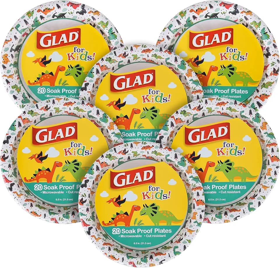 Glad for Kids Disposable Paper Plates, Dinosaurs, 8.5 Inch, 20 Count, 6-Pk