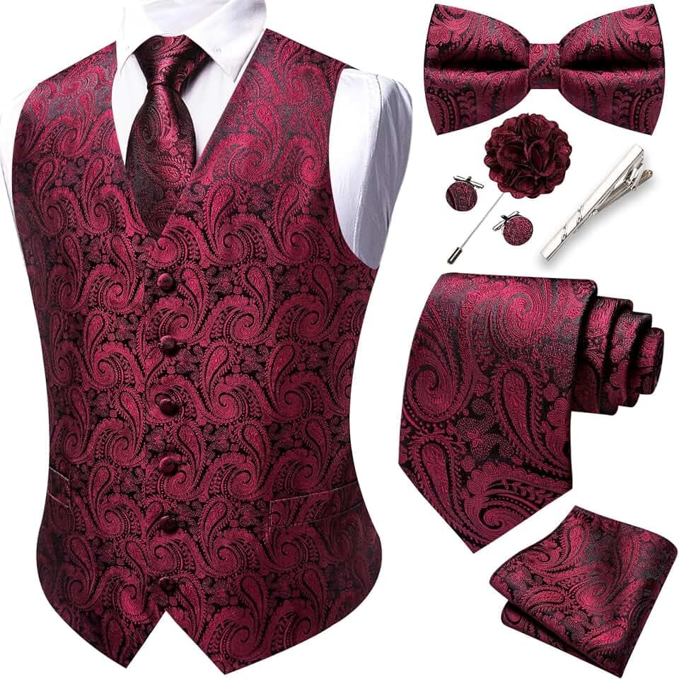 Barry.Wang Herren-Paisley-Weste, formelle Anzugwesten, Krawatte, Fliege, Set, Jacquard-Clip, Einstecktuch, Manschettenknöpfe, Anstecknadel, Hochzeit, 8 Stück