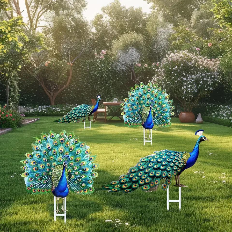 Riakrum 4 Pcs Metal Peacock Statue Garden Outdoor Decor