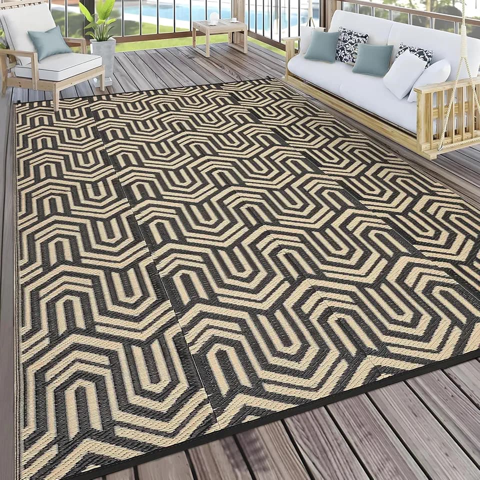Outdoor Rug 8x10 Waterproof Patio Rugs Abstarct Line Reversible Mat for Front Door Rv Foldable Plastic Straw Carpet for Travel Trailers, Deck, Picnic, Camper, Balcony, Beach，Black/Coffee
