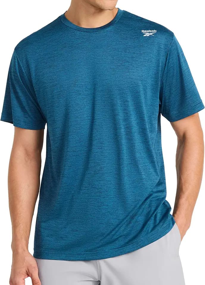 Reebok Men's Small Logo Short Sleeve Crewneck T-Shirt, Standard Fit, Breathable Lightweight Stretch Knit Fabric