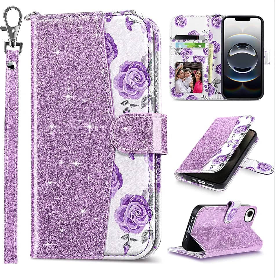 ULAK Compatible with iPhone 16E/iPhone 17E Wallet Case, Purple Glitter