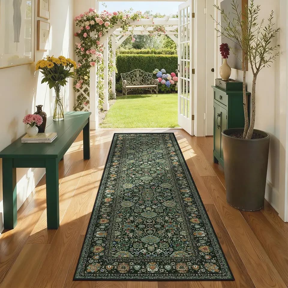 Runner Rugs 2x7 Boho Washable Area Rugs for Entryway Bathroom Kitchen, Long Rugs for Hallway Soft Low Pile Non-Slip Rubber Backing Oriental Dark Green