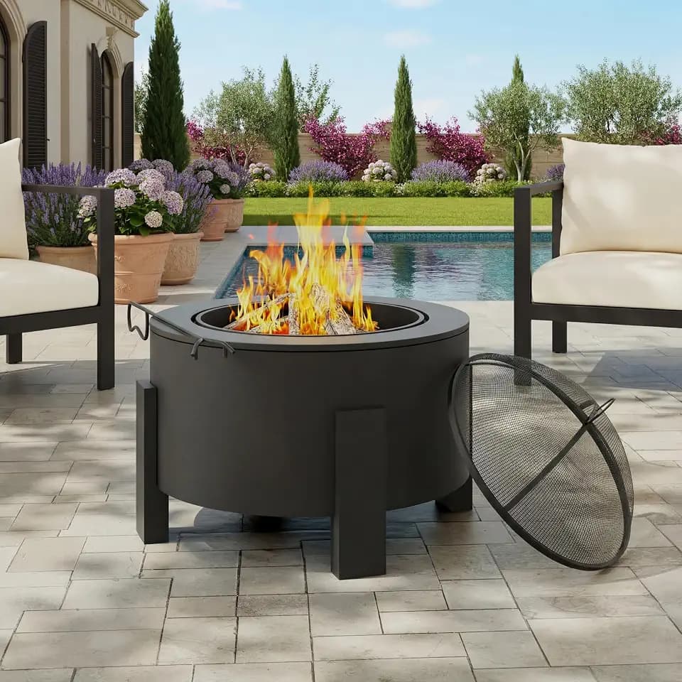 Christopher Knight Home Flicker Wood Burning Steel Fire Pit with Spark Screen, 25" Round Portable Steel Patio Heater for Camping, Patio, Backyard, Rust-Resistant Powder-Coated Finish, Black
