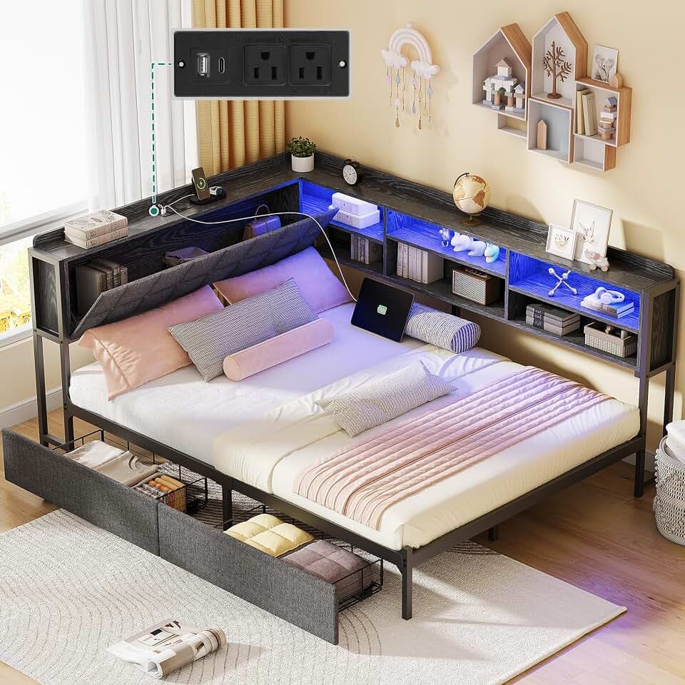 Full Corner Bed Frame with Storage Drawers and Bookcase & LED Lights, Grey