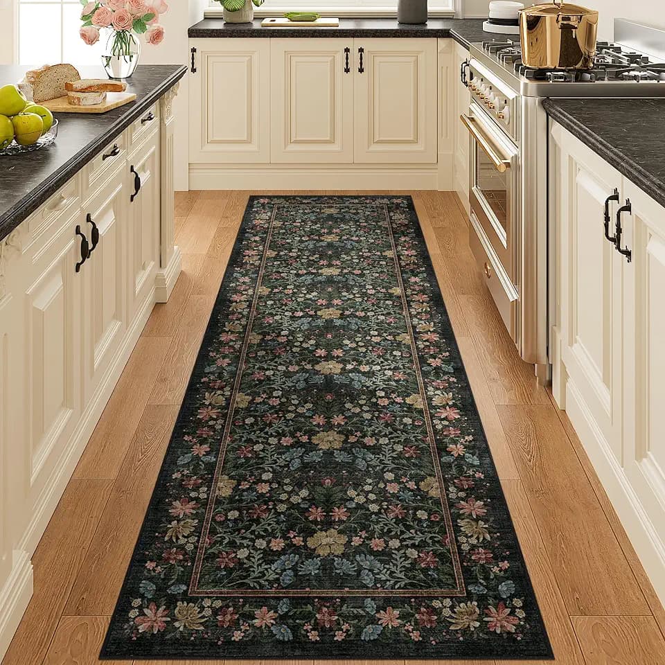 DUKINO 2x6 Runner Rug, Washable Vintage Floral Kitchen Rug, Black
