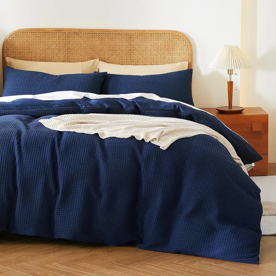 3Pcs 100% Egyptian Cotton Waffle Duvet Cover Set Queen 90 x 90, Navy Blue