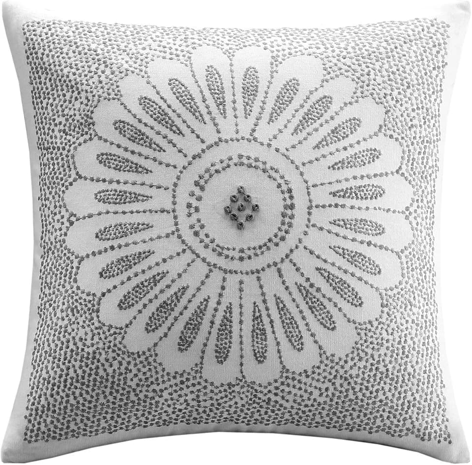 INK+IVY Sofia Mid Century Modern Cotton Square Decorative Pillow Sofa Cushion Lumbar, Back Support, 20"x 20", Medallion Embroidery Grey