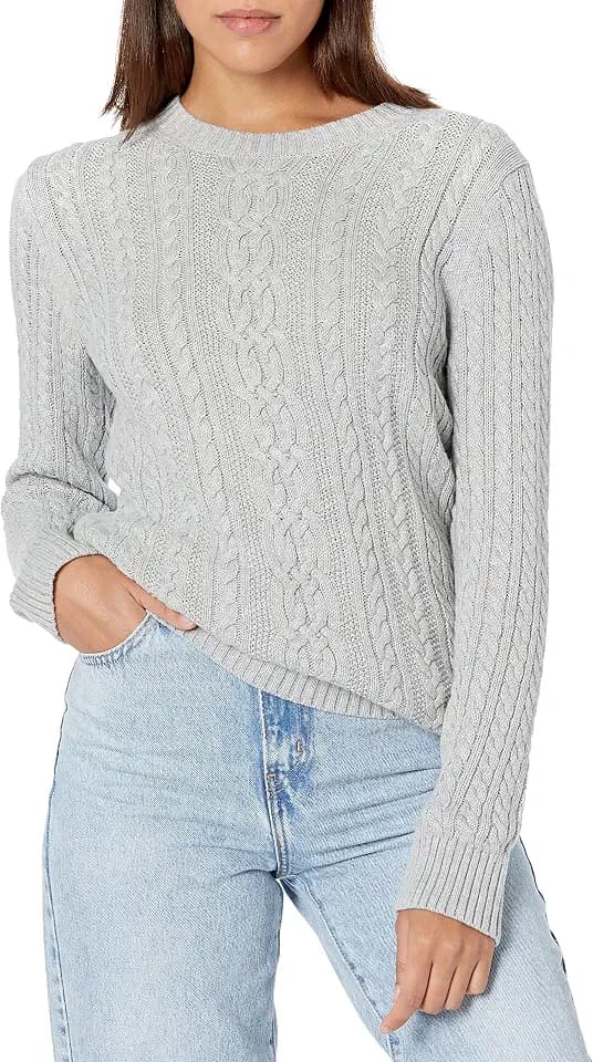 Amazon Essentials Women's Regular Fit Soft Cotton Cable Knit Ribbed Crewneck Sweater (Available in Plus Size)