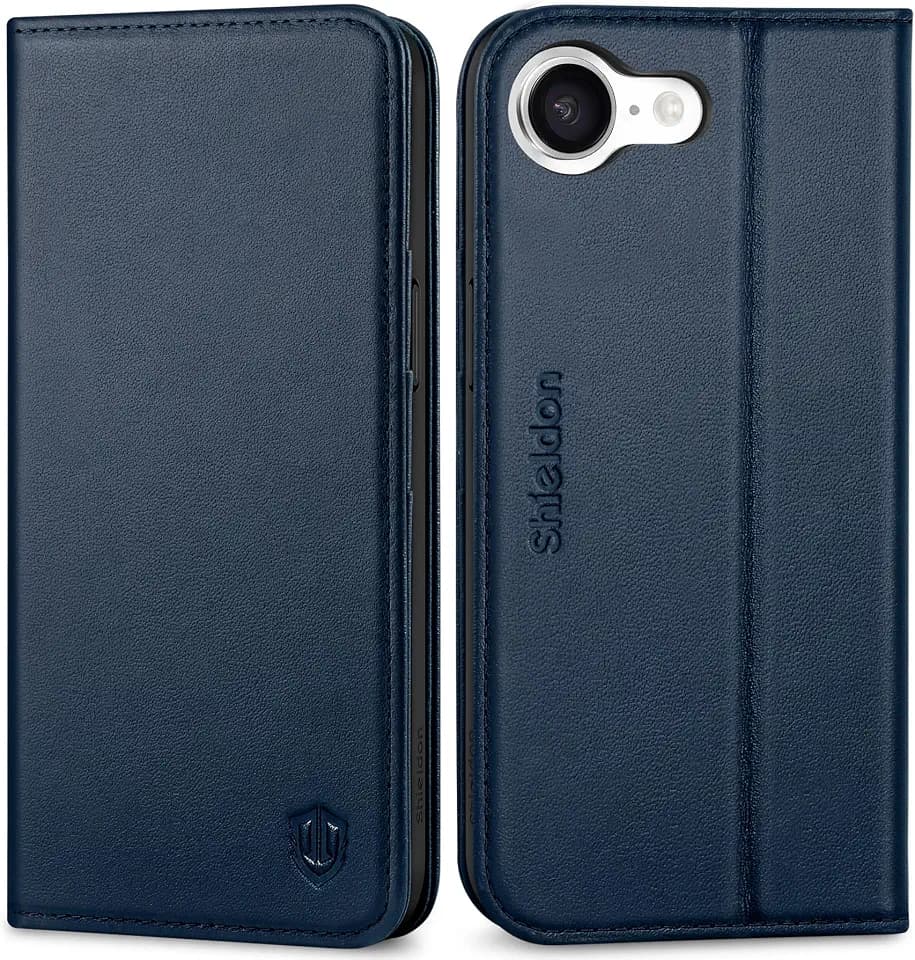 SHIELDON Genuine Leather Case Wallet for iPhone 17e/16e 6.1", Navy Blue