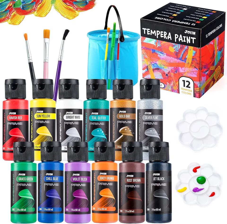 JOYIN Washable Tempera Paint Set for Kids 12PCS, Non Toxic Liquid Paint with 6 Brushes and 2 Palettes - Art Supply for Kids for Arts and Crafts Project, Finger Painting (2 oz Each), Easter Basket Stuffers