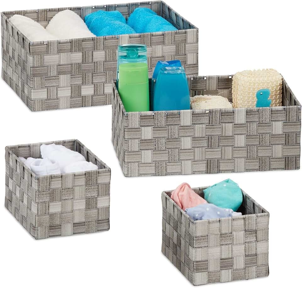 Relaxdays Aufbewahrungskorb 4er Set, geflochten, Körbchen Badezimmer, eckig, 3 Größen, Kunststoff, Flechtkorb, grau
