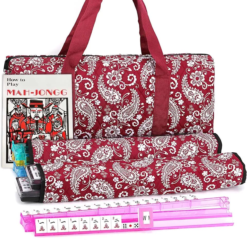 American Mahjong Set 166 White Tiles Red Paisley Carrying Bag Mahjongg Game
