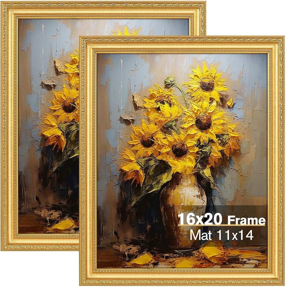 Splinterix 16x20 Picture Frame Gold Vintage, Matted to 8.5x11 Print, 2 Pack