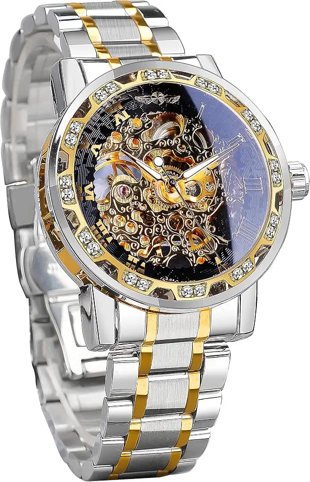 FORSINING Gewinner Retro Manuelle mechanische Skelett Uhr mit Diamantschnitzen Blume Handwerk Männer Armbanduhr Klassische römische Zahl, Schwarze Goldfarbe
