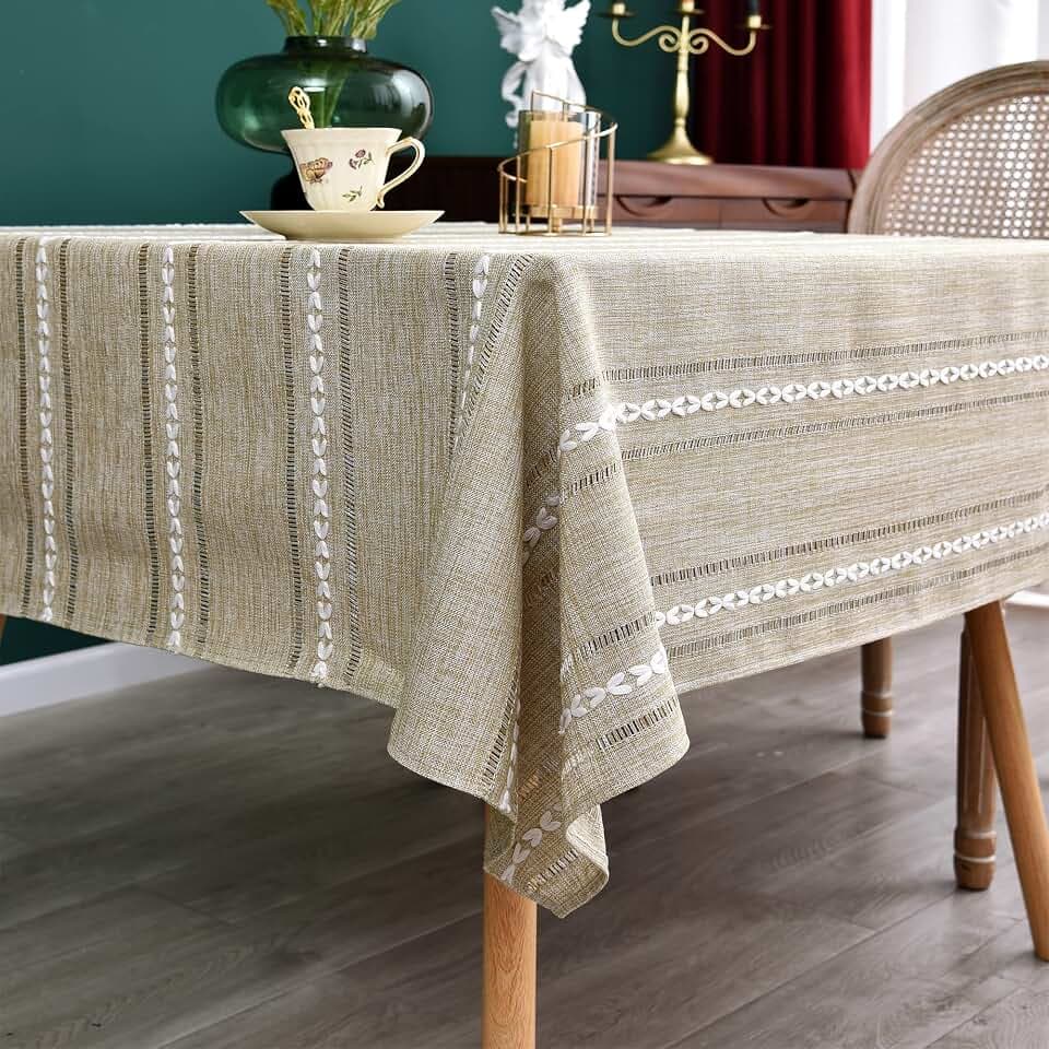 NEWISHER Farmhouse Embroidered 70x70 Inch Square Tablecloth Linen Texture