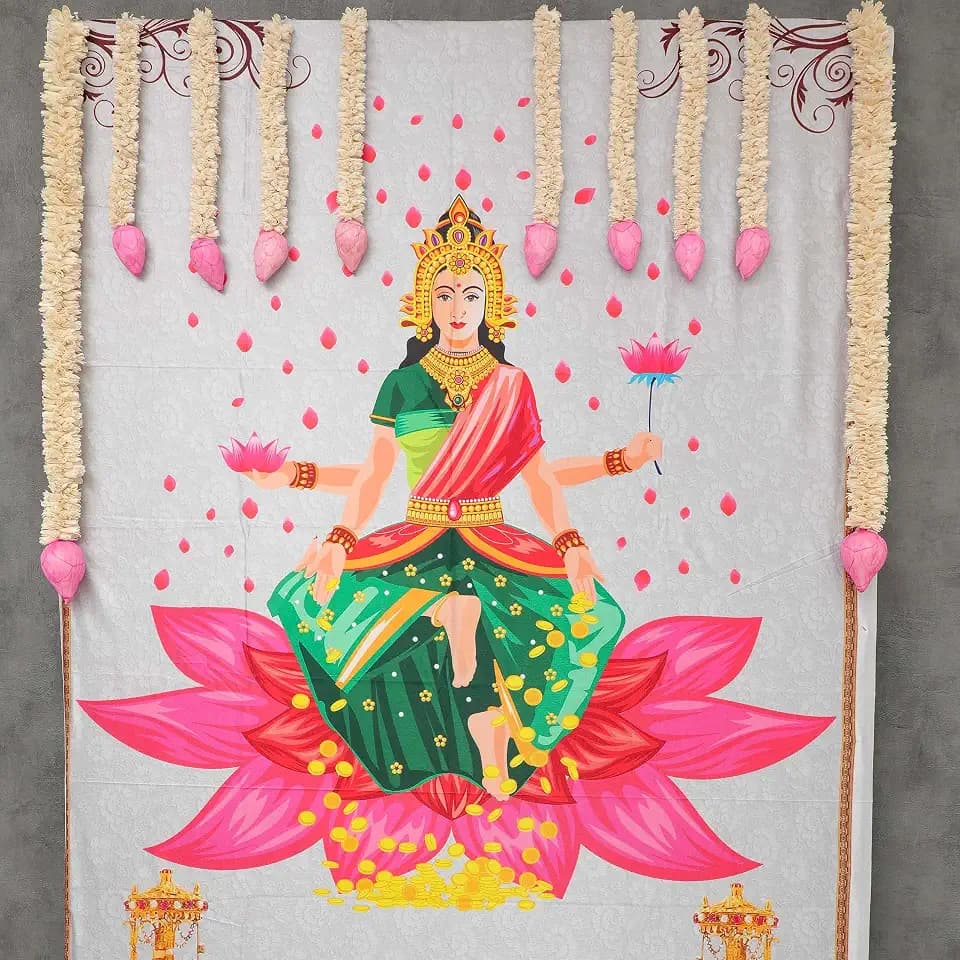 Desi Favors Huge Cotton Fabric Lakshmi MATA Cloth Backdrop Décor - Indian Backdrop Decorations Pooja-Style - Gift for Hindu Wedding, Holi, Diwali Festivals - 84x48 inch (Pack of 1)