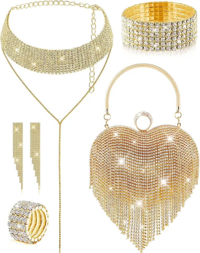 5 Pcs Valentine's Day Rhinestone Clutch Purses Jewelry Set for Women Heart Shape Tassel Evening Clutch Bag