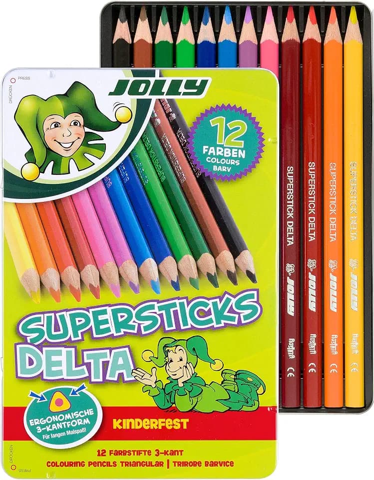 Jolly Superstick Buntstifte DELTA | Dreikant Farbstifte | Kinderfest und Bruchsicher | Ungiftig | 12 Stück im Metalletui