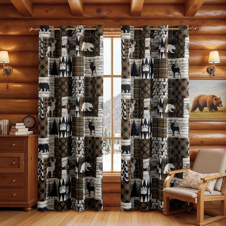 Brown Rustic Cabin Curtains 2 Panels Country Style Curtain 50% Light Blocking Darkening Grommet Window Treatments Farmhouse Patchwork Plaid Drapes Decorative for Living Room Bedroom, 52x63 inches
