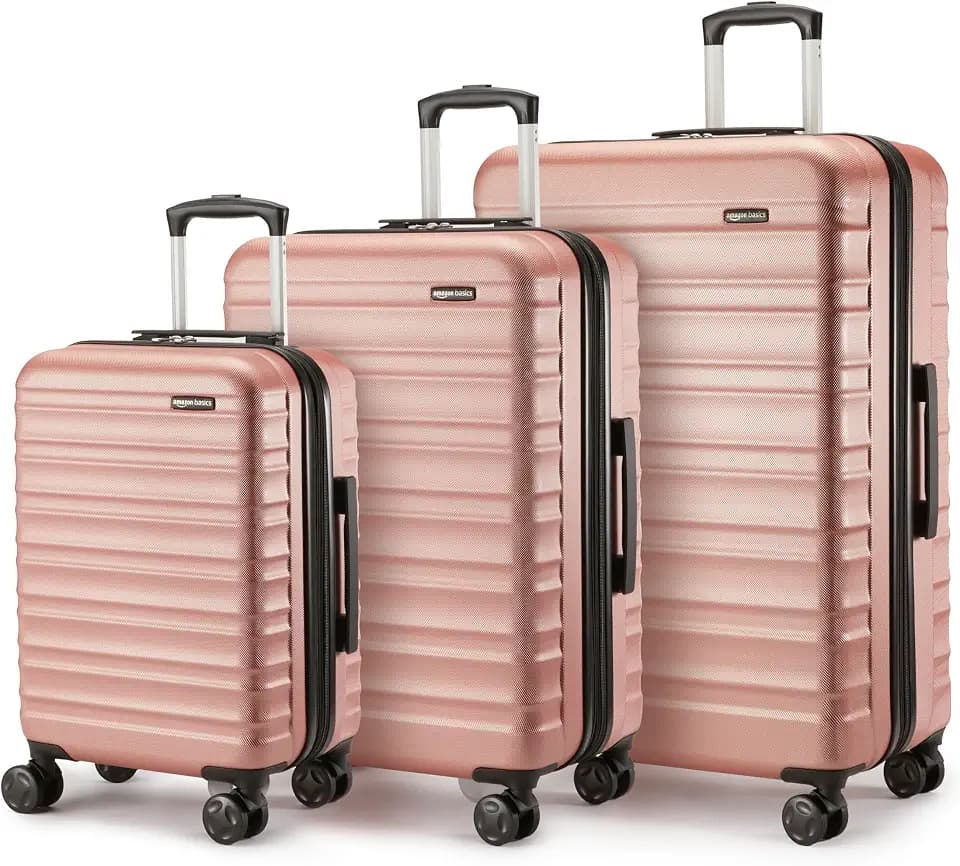 Amazon Basics Hartschalen-Koffer-Set (Klein + Mittel + Groß), Erweiterbares ABS-Reisegepäck, 4 Doppel-Spinnerräder, Kratzfest, 32l/65l/105l, Roségold, für Handgepäck und Urlaube
