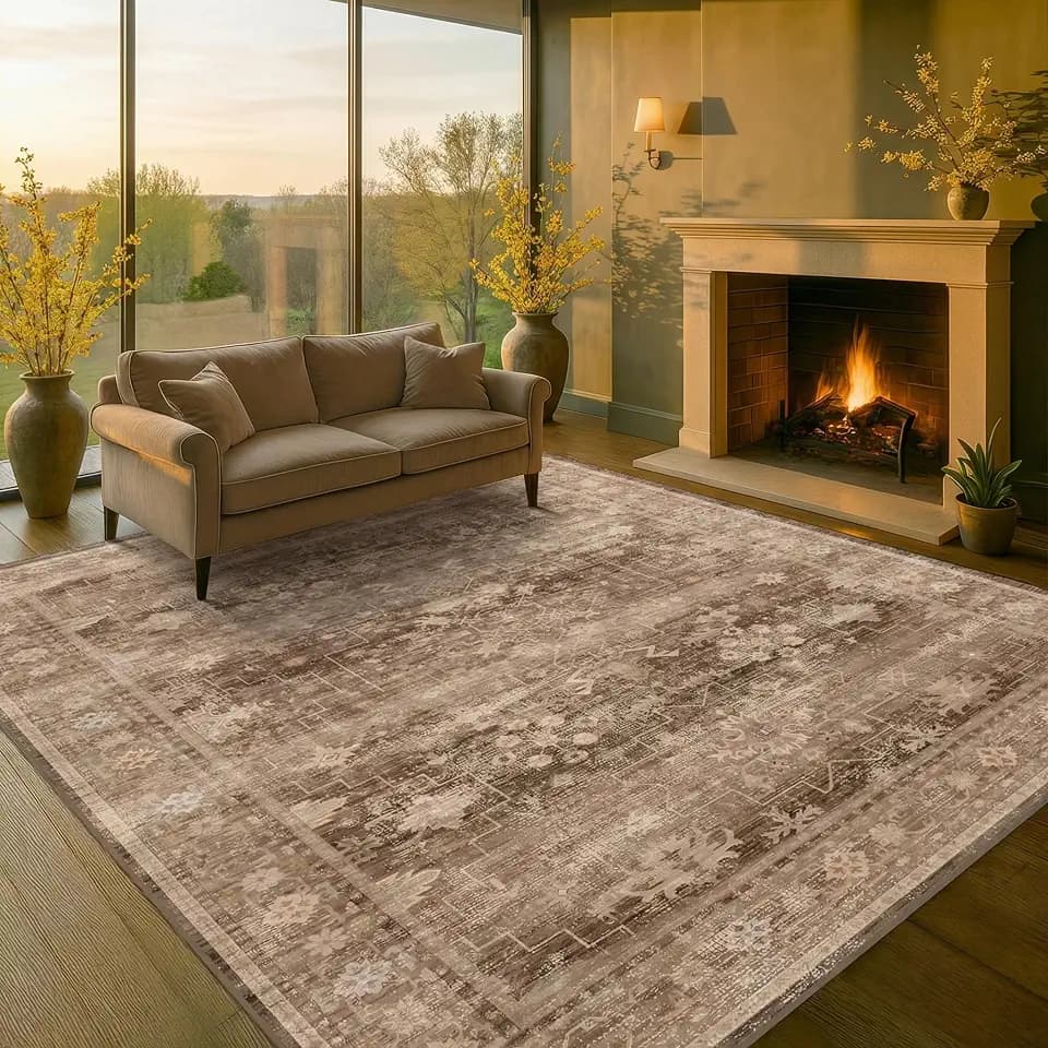 Hazo Haus Boho Brown Living Room Rug 6x8 - Modern Vintage Traditional Oriental Taupe Neutral, Washable Low Pile Non-Slip Extra Large Area Rugs for Dining Under Table Bedroom Lounge