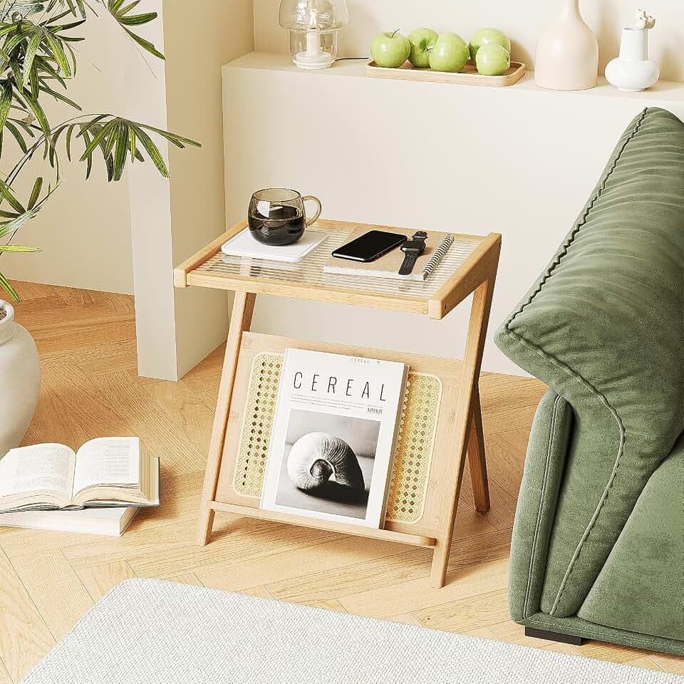 Bamworld Rattan Side Table Boho Nightstand with Storage Shelf