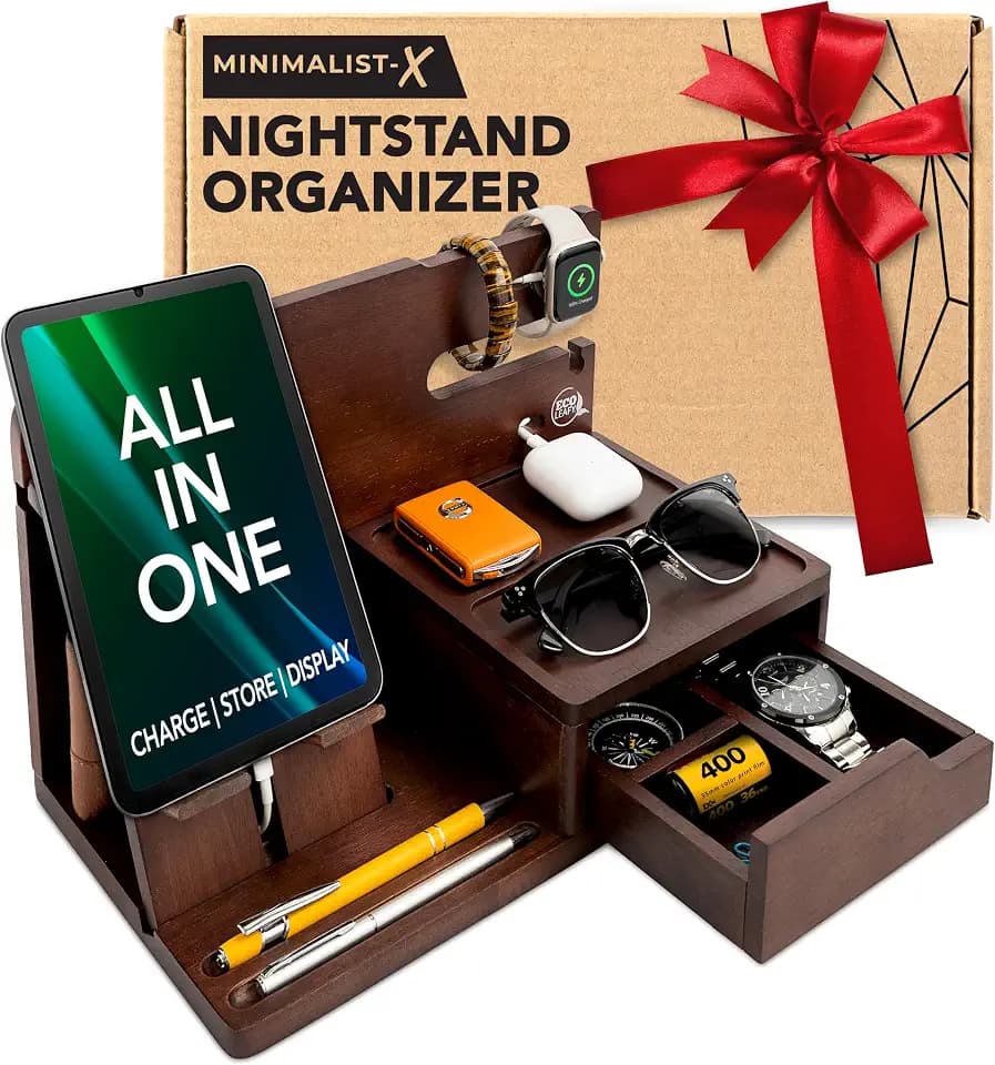 Nightstand Organizer for Men - Night Stand, Bedside or Dresser (Brown)