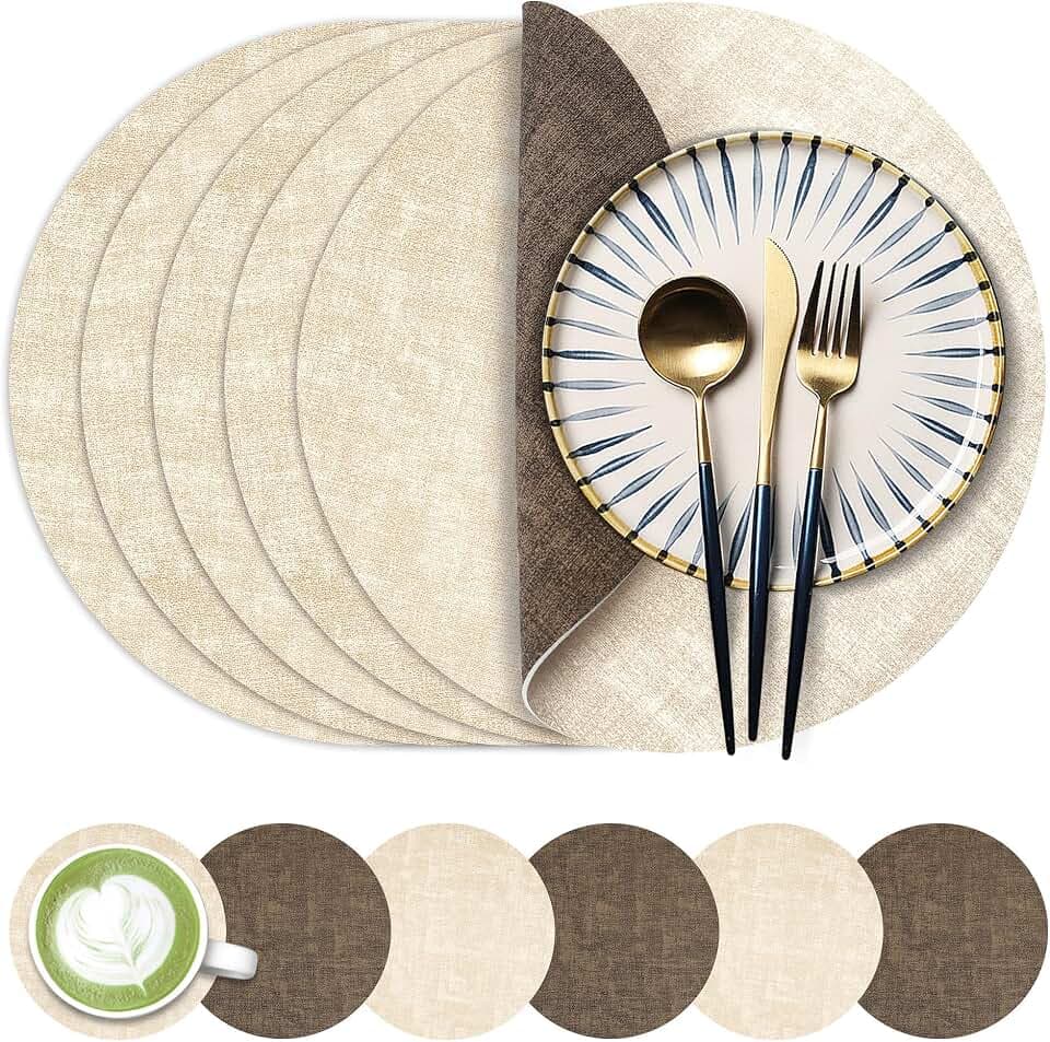 Fyvva Placemats Set of 6, 13" Round Reversible Faux Leather with Coasters