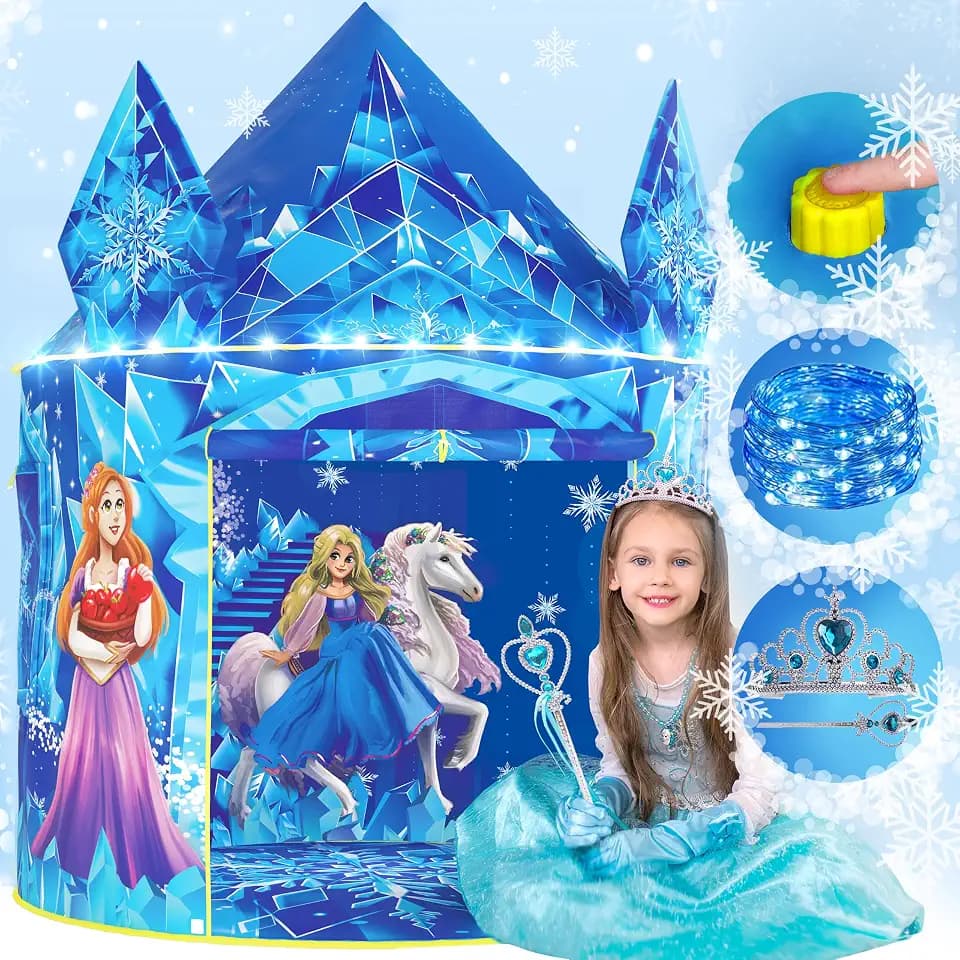 W&O Frozen Princess Tent with Sound Button, LED Lights, Crown & Wand