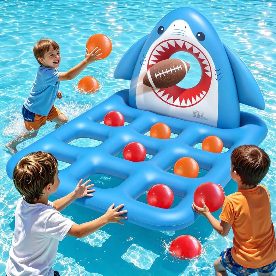 JOSEN Inflatable Pool Toys Games, Fun 2-in-1 Shark Pool Water Games Floating, Giant Tic Tac Toe Game with 10 Balls & Football - Family Pool Party Beach Game Toys for Kids Ages 6+ Adults Teens