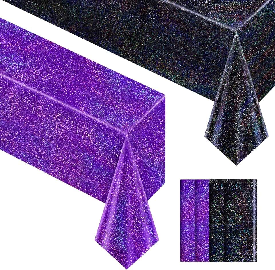 Just Shimmer 4 Pieces Black & Purple Holographic Tablecloth 40" x 108" Party Decoration Birthday Party Table Decor Iridescence Plastic Table Cloth for Bachelorette Supplies