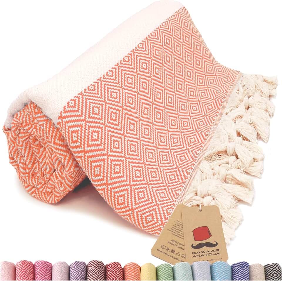 Bazaar Anatolia Turkish Beach Towel, 100% Cotton, 71x39 in, Diamond Orange