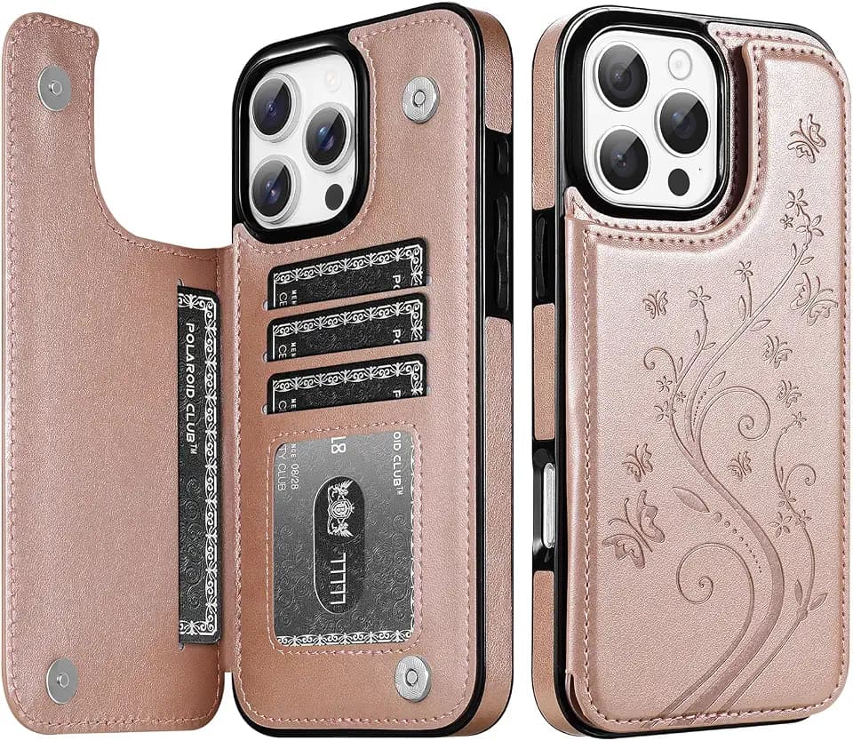 Korecase for iPhone 16 Pro Max Butterfly Leather Series Wallet Case with Card Holder Double Magnetic Clasp Back Flip Protective Cover Case for iPhone 16 Pro Max, Rose Gold