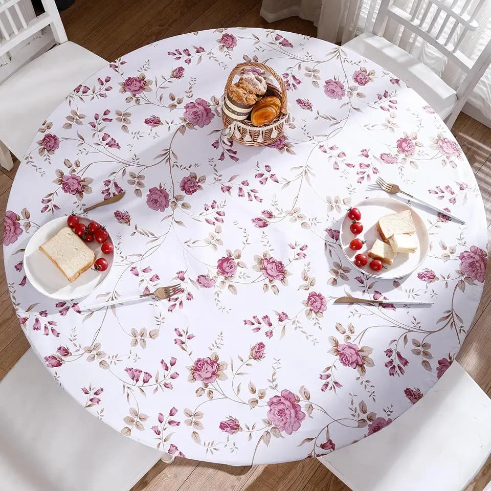 Round Vinyl Fitted Tablecloth with Flannel Backing Elastic Edge Design Table Cover Waterproof Oil-Proof PVC Table Cloth Stain-Resistant Wipeable for 37"-44" Round Table