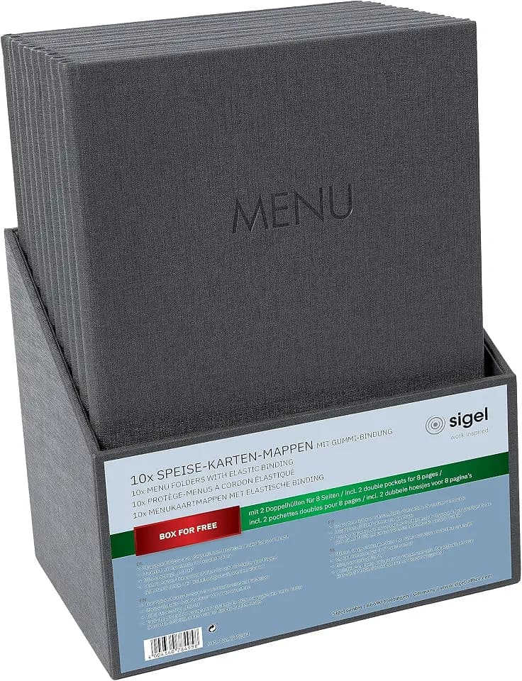 SIGEL Speisekartenmappen A4 mit Gummibindung Anthrazit Set 10 Stück mit Box