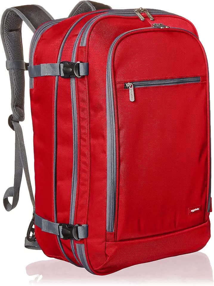 Amazon Basics Travel Backpack, Carry On Backpack, With Laptop Compartment, 40L Capacity, Expandable for 10% Extra Space, Backpack & Shoulder Bag Dual Use, 15.8"W x 21.5"H x 8.3"D, Red
