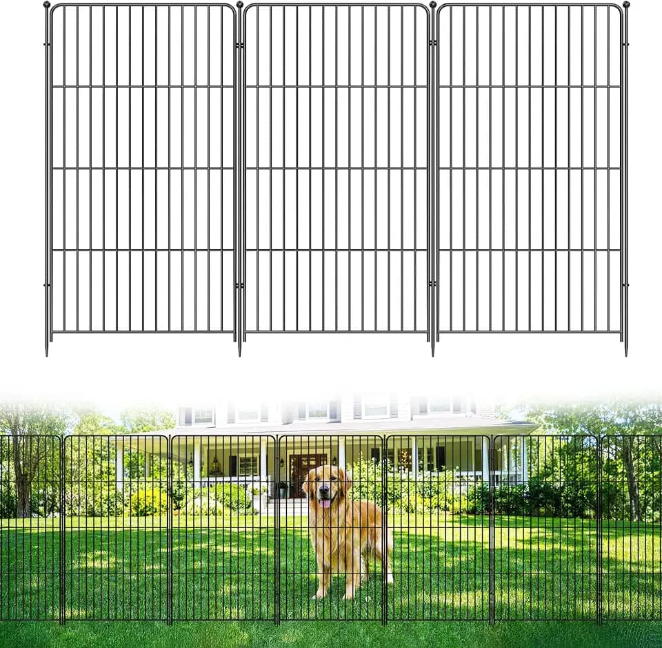 Garden Fence, 48in(H) x 17.7ft(L) 8 Pack Garden Fencing Animal Barrier, Metal No Dig Fence, Dog Fence Outdoor for Yard, Dog Playpen Outdoor Decorative Garden Fences for Yard Patio, Black