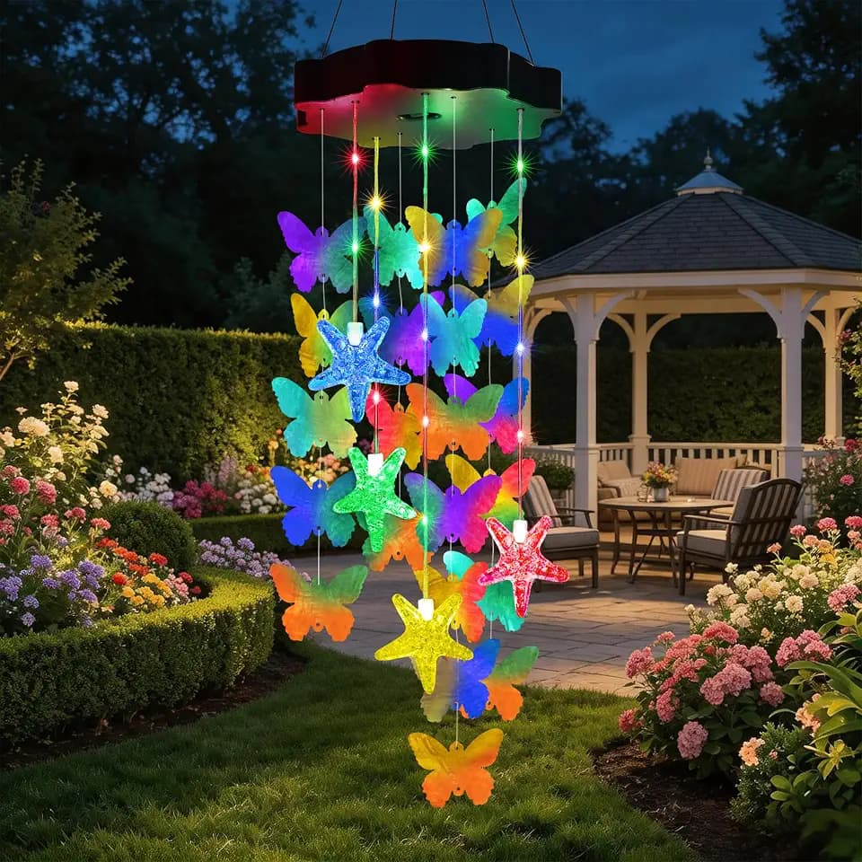 Toodour Hanging Outdoor Solar Butterfly Shell Wind Chimes, Waterproof