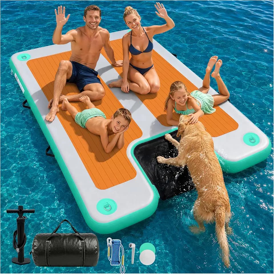 AWEMUFA Inflatable Floating Dock with Ramp 5ft/6ft/8ft/10ft Inflatable Dock Floating Platform, Floating Island Mat Boat Float Lake Floats, Large Rafts Floaties for Adult Pool Ocean Beach Boat Parties