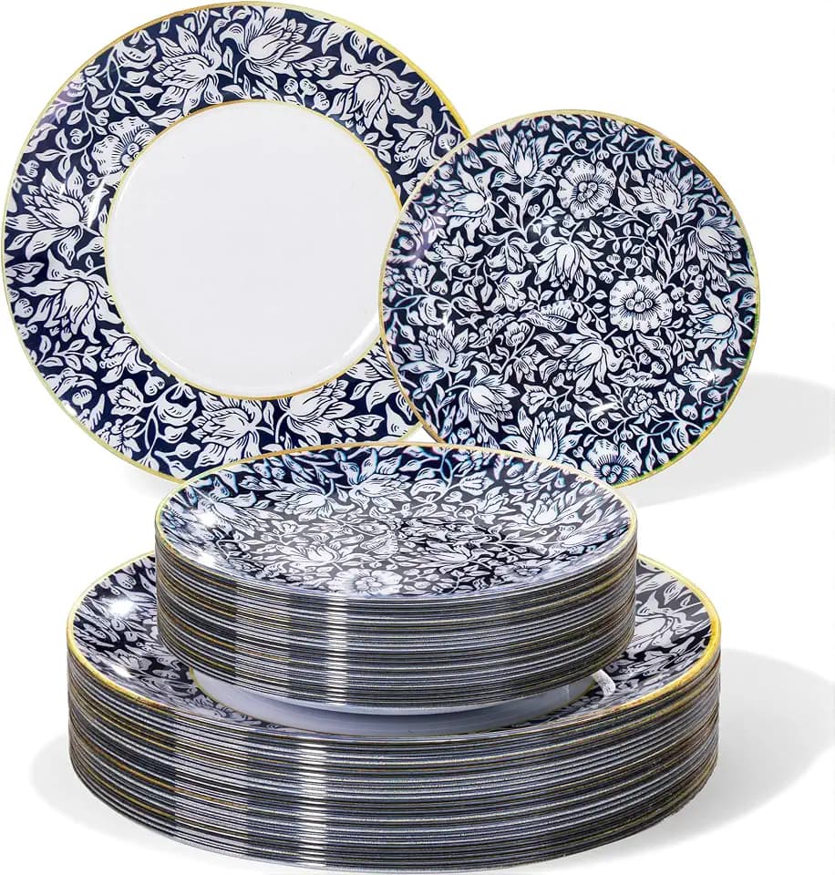 Hioasis Blue Plastic Plates, Blue Floral & Gold Rim, 60 Pcs for 30 Guests