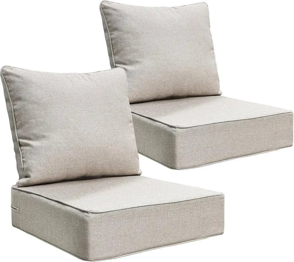 24x24 Outdoor Seat Cushions Set of 2, Thick Deep Seated Outdoor Chair Cushions for Patio Furniture, Fade Resistant Replacement Outdoor Couch Cushions 24x24x6 with Zippers & Ties, Beige