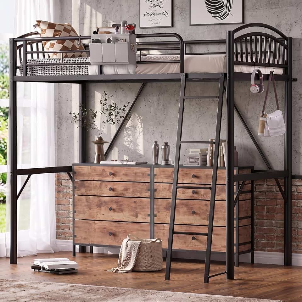 Decofy Metal Loft Bed Twin Size, Heavy Duty Loft Bed with Bedside Caddy, EVA Anti-Slip Ladder with Sturdy Guardrails, Space-Saving Twin Size Loft Bed for Teens & Adults for Bedroom Dorm (Black)