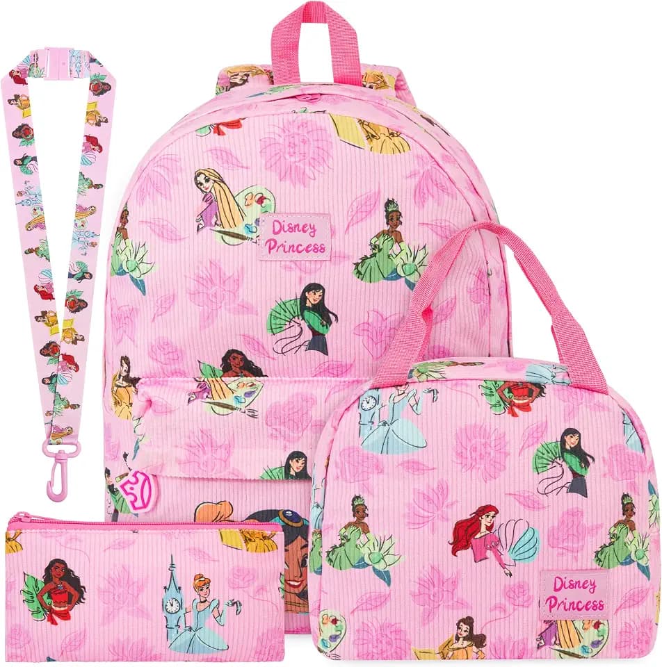 Get Trend Disney Prinzessin Cord Rucksack Kinder 4er Set, Kinderrucksack mit Schlüsselband, Federmäppchen und Isolierte Lunchtasche (Rosa/Multi Princess)