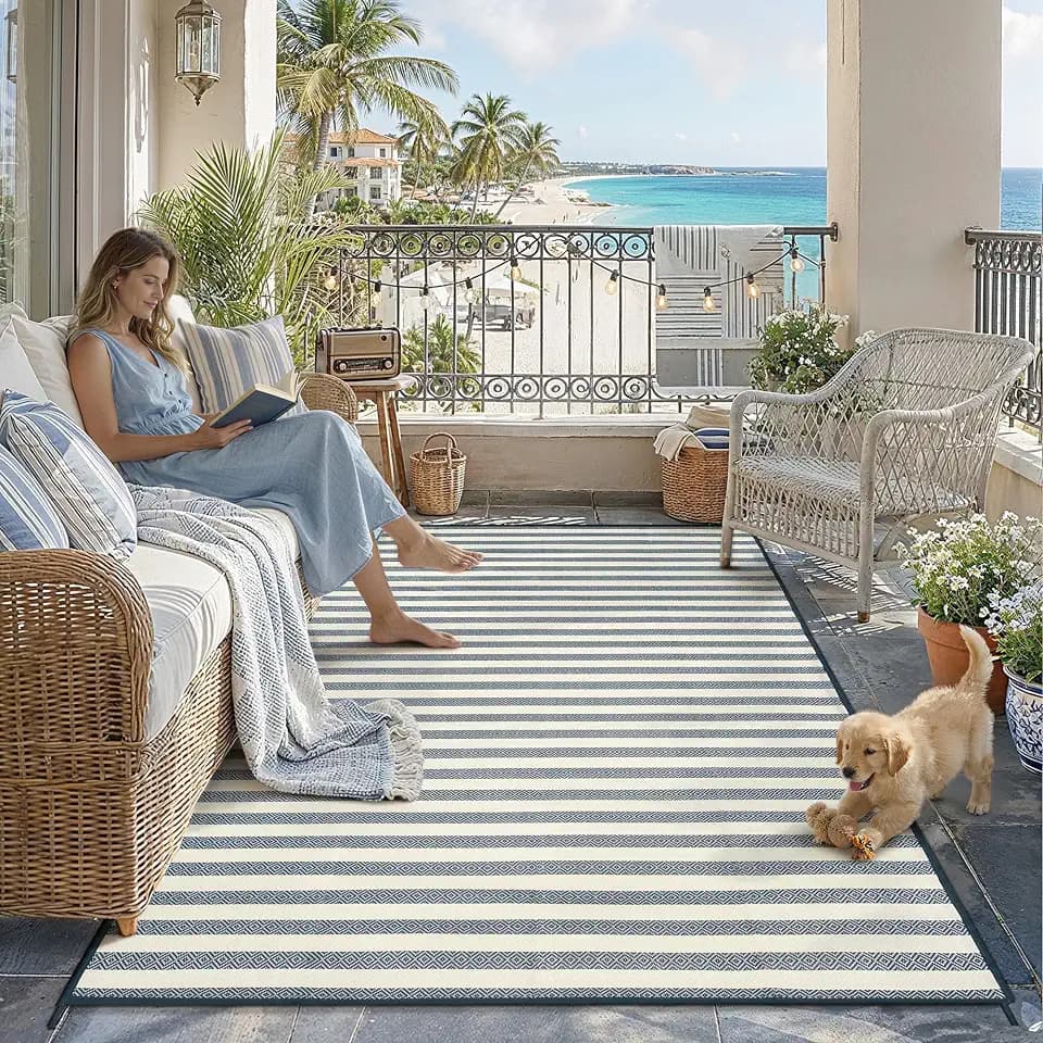 HUGEAR 5x8 Blue Stripe Reversible Indoor Outdoor Rug for Patio