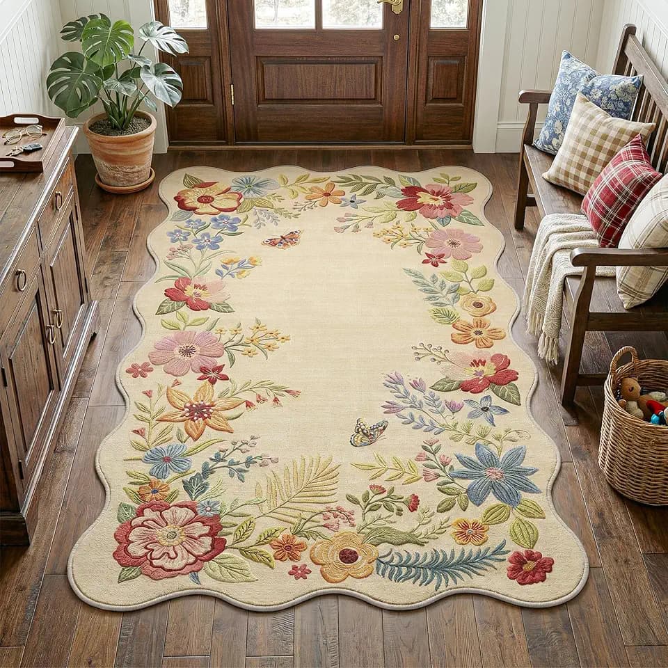 FMFUNCTEX 3x5 Washable Beige Floral Vintage Scalloped Area Rug for Entryway