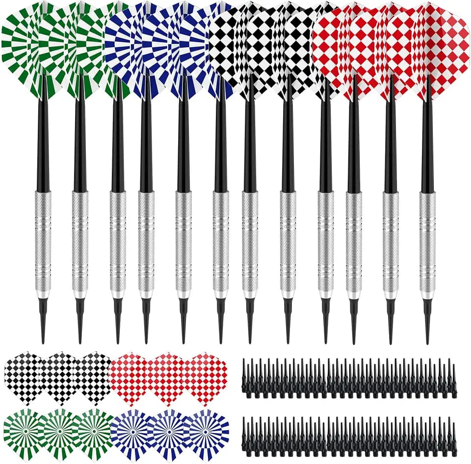 12 Stück Dartpfeile mit Kunststoffspitze 14 g für Elektronische Dartscheibe, Softdart Set mit 24 Flights, 2 Pcs Dartwing Protector und 100 Ersatzspitzen, Dart Set für Anfänger und Spieler